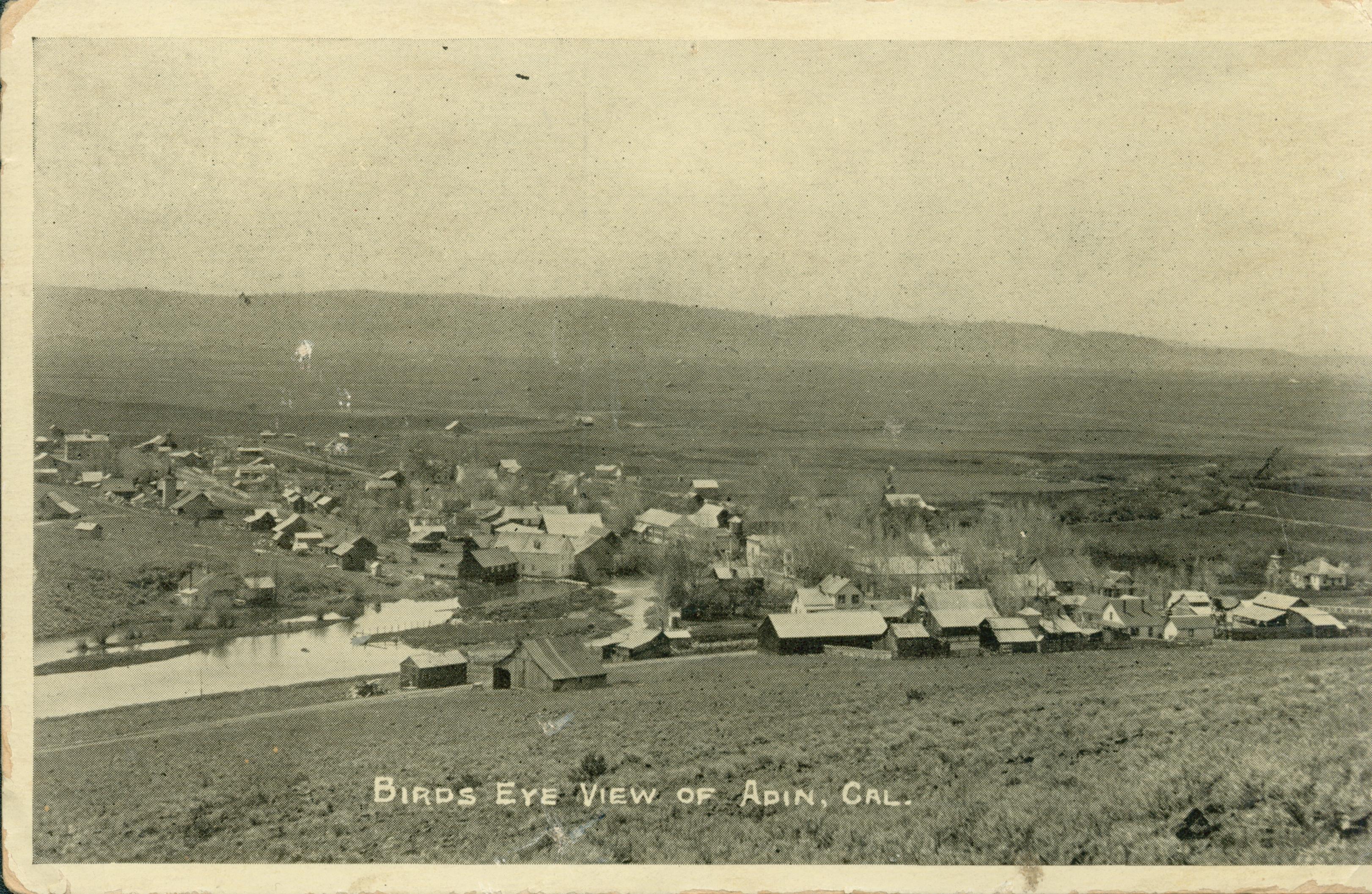 This postcard shows a bird's eye view of Adin in Modoc County